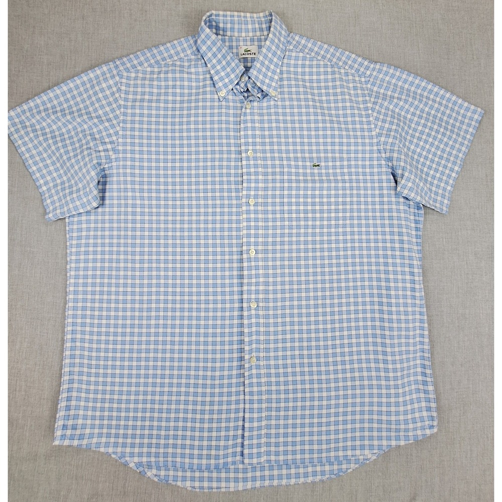 Lacoste Mens Blue Gingham Short Sleeve Button Down Shirt Size 45 XL Regular Fit